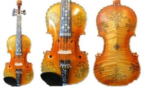 Dibujo con incrustaciones talla CANCIÓN Marca maestro 5 cuerdas 4/4 violín gran sonido - Imagen 1 de 12