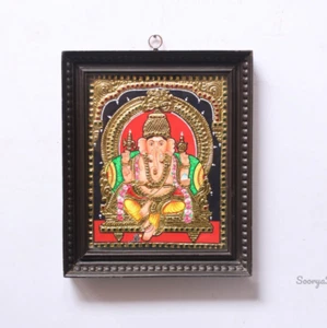 Ganesha Thanjavur / Tanjore Painting Gold Foil Art Hindu Home Wall Decor Gift - Picture 1 of 4