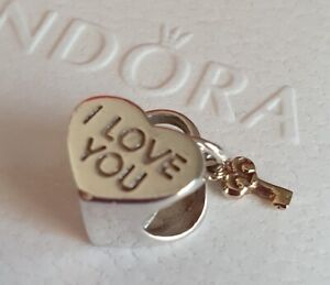 Genuine Pandora Silver & 14ct Gold Key Love Heart "I Love You" Charm