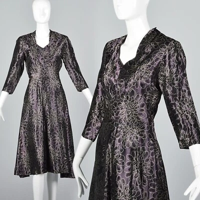 M Vintage 1950s 50s Purple Cocktail Dress Unique Neckline Tea Party Fitted Waist - Image 1 of 4