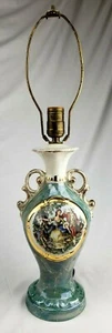 Vintage Porcelain Urn Style Lamp Base Hand Painted Green Victorian Oval Scene - Picture 1 of 12