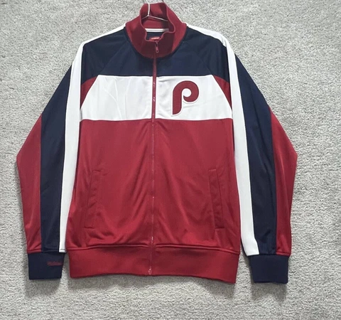 Phillies Jacket Men's L Red Blue Warm Up Tailored Fit Full Zip Mitchell & Ness Cover