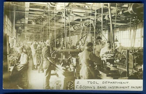 C.G. Conn Band Instrument Factory Tool Department Photo Elkhart Indiana Postcard - Picture 1 of 2