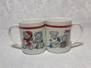 Vintage Set of 2 Christmas Teddy Bears Porcelain Holidays Mugs Collectible - Picture 1 of 18