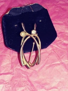 VINTAGE DOUBLE WISHBONE PIN FAUX GOLD RHINESTONE FAUX PEARL - Picture 1 of 3