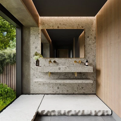 Doppel Waschbecken Waschtisch Steinoptik Grau Matt mit Ablage - Handgefertigt - Bild 1 von 2