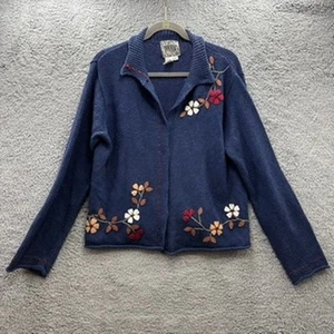 Vintage Curio XL Blue Cardigan Sweater Floral Embroidered VNeck Internal Buttons - Picture 1 of 10