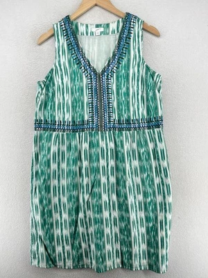 Vestido J.JILL S Ikat Bordado Cuello en V Sin Mangas Solero Forrado Algodón Verde Foto 1 de 4