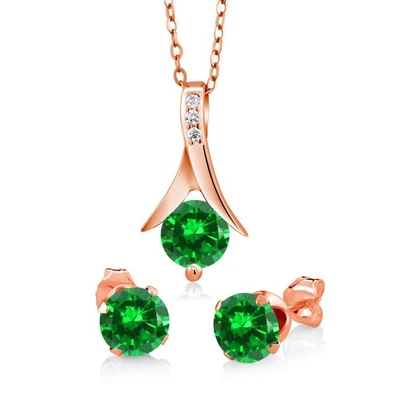2.40ct Simulated Emerald 18K Rose Gold Plated Silver Pendant and Earrings Set - Image 1 of 4