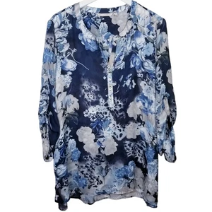 SOFT SURROUNDINGS Size 1X Blues Floral Chiffon Pullover Tunic Roll Tab Sleeves - Picture 1 of 5