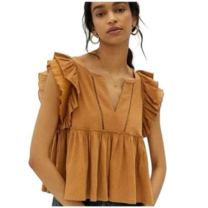 Anthropologie Shirt Womens XS Caroline Ruffled Babydoll Top Lace Tiered NWT Gold - Picture 1 of 10