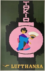 Original Vintage Poster TOKIO LUFTHANSA Tokyo Fluggesellschaft Reisen Japan Tourismus LEINEN - Bild 1 von 5