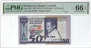P-62a 1974 50 Francs=10 Ariary, Madagascar, Banque Centrale, PMG66EPQ Nice - Picture 1 of 2