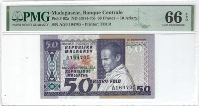 P-62a 1974 50 Francs=10 Ariary, Madagascar, Banque Centrale, PMG66EPQ Nice - Image 1 of 2