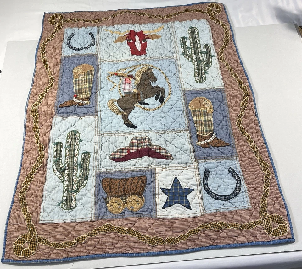 VTG Patch Magic Western Cotton Baby Quilt Throw Rodeo Cowboy Cactus Horse 33X41 - Image 1 of 4