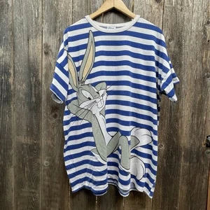 Vintage 1992 Bugs Bunny Striped Looney Tunes AOP XL Tee - Picture 1 of 5
