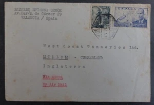 SCARCE 1949 Spain Airmail Cover ties 2 stamps cd Valencia-Millom, UK - Picture 1 of 2