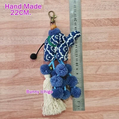 Handmade Elephant Keychain Thai Fabric Tassel Pom Pom Bag Charm Boho Gift - Image 1 of 4