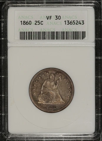1860 Seated Liberty Quarter ANACS Old Small Holder Silver Old Type Coin Obsolete Cover