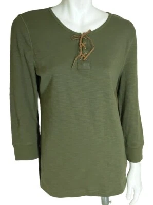 $40 NWT CHAPS L Top Olive Green Cotton Lace Up Long John 3/4 Sleeve Womens - Image 1 of 4
