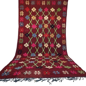 Vintage Moroccan Rug Handmade Fringe Maroon Wool Geometric Floral Design Carpet - Picture 1 of 24