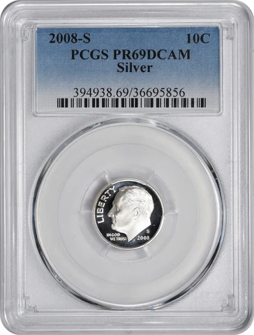 2008-S Roosevelt Dime PR69DCAM Silver PCGS Cover