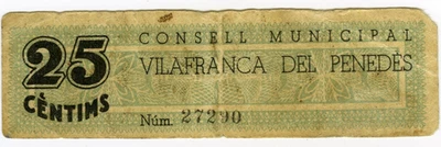 # SPAIN CIVIL WAR 1937 • VILAFRANCA PENEDES 25c MUN☆ GUERRA CIVIL ESPAÑOLA☆D1757 - Image 1 of 2