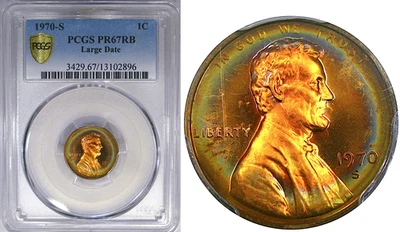 1970-S 1C PCGS PF67RB LARGE DATE LINCOLN MEMORIAL ~ RADIANT RAINBOW RINGS! - Image 1 of 4