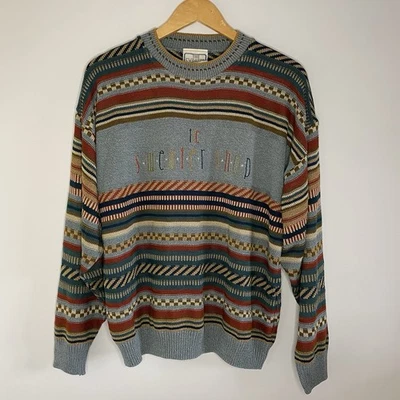 Vintage UK 14 Sweater Shop Knitted Cotton Jumper 90s Retro Patterned Striped - Image 1 of 4