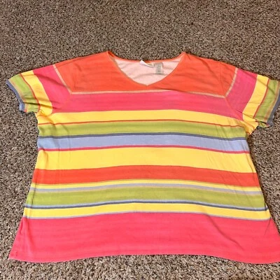 Camiseta a Rayas Liz Claiborne Cuello en V Manga Corta Colorido Top 3X Foto 1 de 4