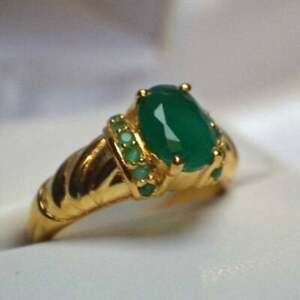 9x7m 2.64 Carat Genuine Indian Emerald 14k Yellow Gold Fill Cocktail Gypsy Ring