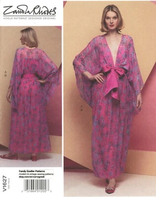 Vogue V1627 ZANDRA RHODES Deep-V Caftan w Kimono Sleeves, Bow Sz L-XL UC Kaftan