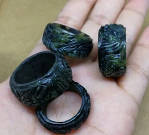 Black Jade Ring Dragon Carved Jedite Stone Jewelry Talisman Thai Amulet - Picture 1 of 3