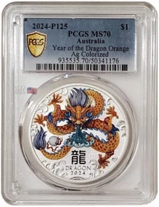2024 1 Oz Silver $1 Australia YEAR OF THE DRAGON PCGS MS70 Colored Coin. - Picture 1 of 16
