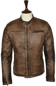 Giacca Vintage Marrone Da Uomo In Vera Pelle Distress Cafe Racer - Foto 1 di 7