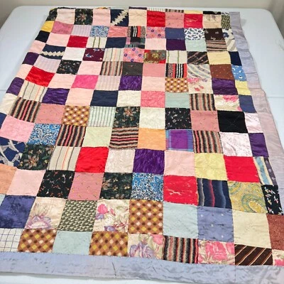 vintage handmade quilt twin patchwork satin square block 67x85 rustic primitive - Image 1 of 4