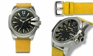 NEW Rousseau 9900 Men's Tillman Series 3D Design Black Dial Yellow Leather Watch - Picture 1 of 2