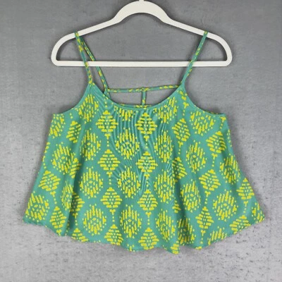 Soprano Strappy Crop Top Womens M Vibrant Green Bohemian Chic Print Babydoll USA - Image 1 of 4