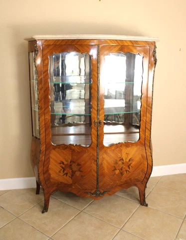 French Antique Inlaid King wood Bombay Style Display Cabinet with 3 Shelves Cover