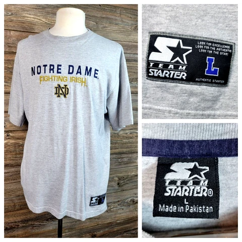 Vintage Starter Notre Dame T-Shirt Fighting Irish NCAA Embroidered Gray Mens Lg Cover