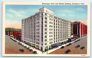 Postkarte IA Davenport Mississippi Hotel & Theatergebäude Leinenansicht altes Auto K3 - Bild 1 von 2