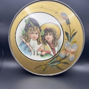 Antique Victorian Lithograph Print Two Girls Kids Handpainted Floral Round Frame - Picture 1 of 11