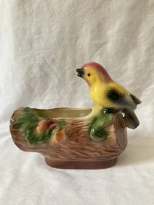 California Pottery Bird On Log Planter #209 Yellow Black Song Bird Vintage - Picture 1 of 7