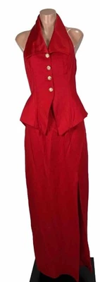 Vintage 80s Red Halter Tuxedo Evening Gown 2pc Set Mother Party Prom Evening 14 - Image 1 of 4