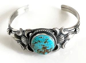 VTG. Juanita Long Navajo Stormy Mountain Turquoise Sterling Silver Cuff Bracelet - Picture 1 of 8