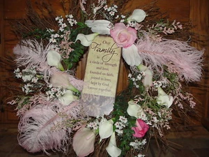 Wreath Silk Pink Calla Lilies Roses Angel Wing Feathers Dainty Girls Room Wall - Picture 1 of 2