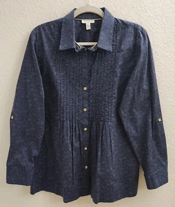 Charter Club Navy Blue & White Polka Dot Long Sleeve Shirt Gold Buttons sz L - Picture 1 of 10