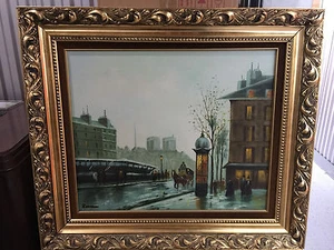 Rosseau Original Leinwand Ölgemälde signiert Kunst Regentag entlang der Seine Frankreich - Bild 1 von 4