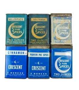 6 Vintage Spice Box Tin Assortment Crescent Allspice - Chili Powder - Cinnamon + - Picture 1 of 6