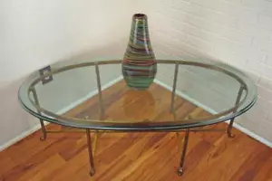 Italian Neo-Classical Regency Hoof Footed Oval Brass & Glass Cocktail Table  - Picture 1 of 12